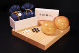 Manager's Recommended 3-Piece Go Set - ③ 【Shin-Kaya (Spruce wood) table Go board, clamshell Go Stones BLUE Label and "Keyaki / Zelkova" Go bowls】