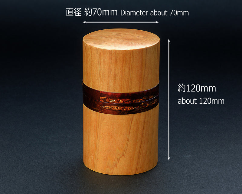 Wild mountain cherry bark crafts shop "Yatsu-yanagi" made Sakura and Hiba Tea Caddy Slender-type + Chami [Tea spoon] 402-YGK-06
