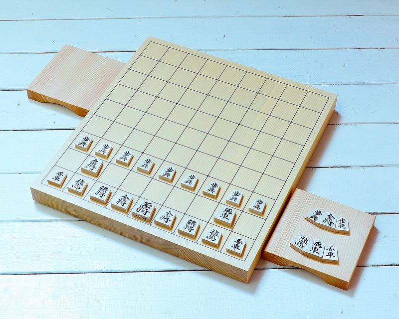 White camellia Shogi pieces + Spruce Table Shogi Board + Shogi Pieces stand  3-Piece Shogi Set 412-SS-02