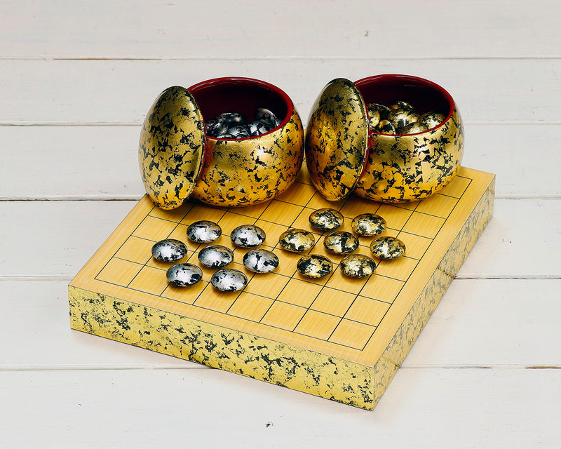 『2025 Winter Go SALE』 502-IGKR-02 Gold leaf finish Go board, Go Bowls and gold,platinum finish Black Go stones "煌 KIRAMEKI" 9X9 Go Board 3-Piece Go Set