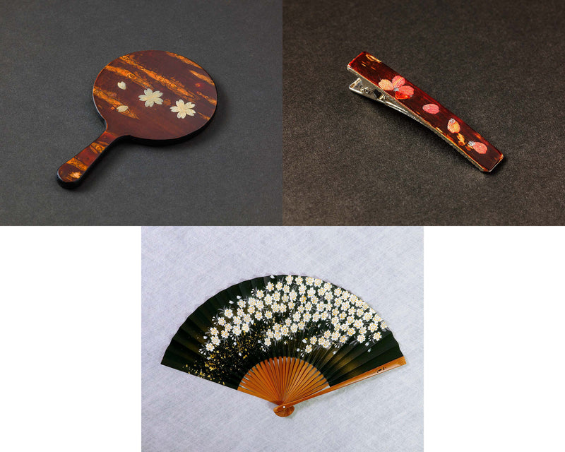 『2025 Christmas SALE』 511-CSP-09 Hand-mirror (Sakura) and Hair clip, and Kyoto Glittering folding fan 3-piece Gift Set
