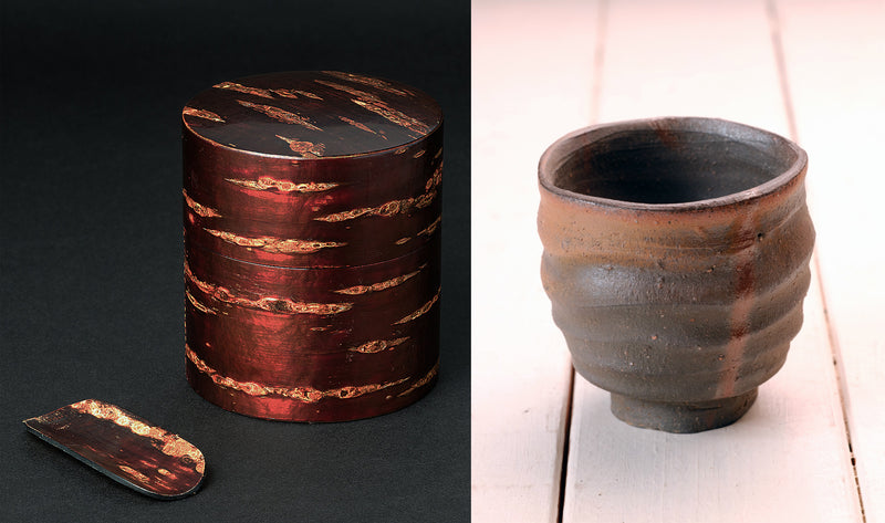 『2025 Christmas SALE』511-CSP-07 【Christmas gift set featuring a Bizen ware Nami Yu-nomi / Pottery Japanese Tea cup and a Yatsuyanagi All-bark Tea Caddy Small-type + Chami [Tea spoon] (plain bark)】