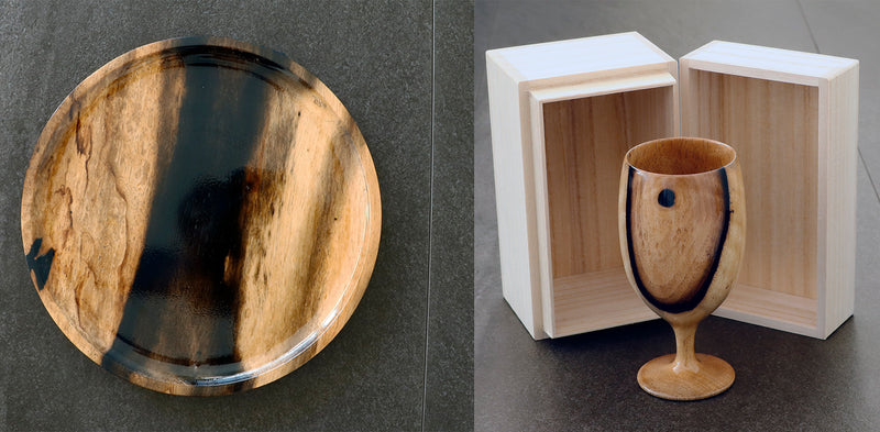 『2025 Christmas SALE Part2』512-CRP-01 Traditional craftsman Mr.Takashi NISHIKAWA made Kurokaki[black persimmon] round tray(Large size) and Wine glass set