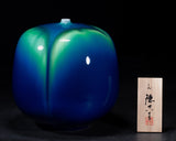 601-KTY-TY-04 人間国宝 三代目 徳田八十吉 作 九谷焼「碧明燿彩 カモリ型 花器 飾壷」7号 JAC-BNS-601-KTY-04