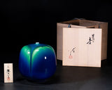 601-KTY-TY-04 人間国宝 三代目 徳田八十吉 作 九谷焼「碧明燿彩 カモリ型 花器 飾壷」7号 JAC-BNS-601-KTY-04