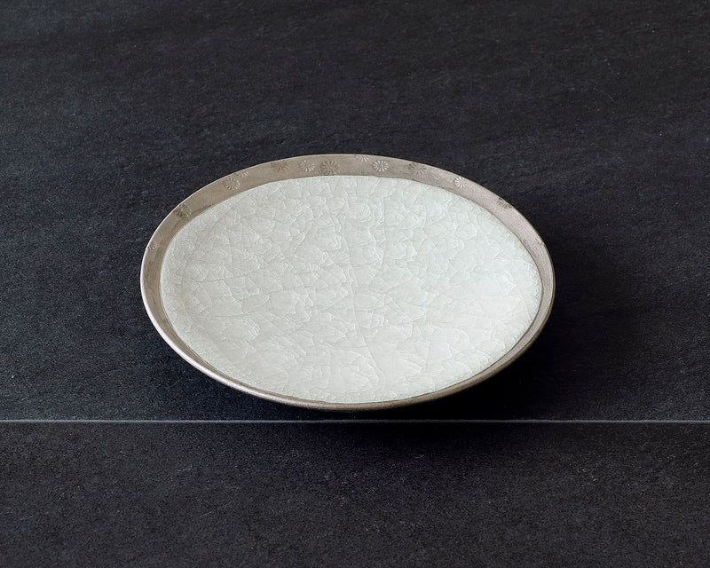 Kyoto Kiyomizu-Yaki Potter "陶仙窯 / To-sen-gama" made Platinum glazing rimmed Dish / Gray JAC-OKY-407-09