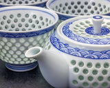 Tanshin Kiln made "Suisho-bori Hand-painted Seigaiha pattern Teapot and Five Tea Cups Set" JAC-TSG-503-01