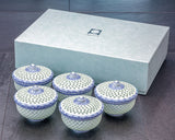 Tanshin Kiln made "Suisho-bori Hand-painted Seigaiha pattern Five lidded Tea Cups Set" JAC-TSG-503-02