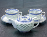 Tanshin Kiln made "Suisho-bori Hand-painted Seigaiha pattern Set of Pot, Two Cups and Saucers" JAC-TSG-503-03