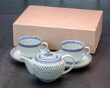 Tanshin Kiln made "Suisho-bori Hand-painted Seigaiha pattern Set of Pot, Two Cups and Saucers" JAC-TSG-503-03
