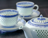 Tanshin Kiln made "Suisho-bori Hand-painted Seigaiha pattern Set of Pot, Two Cups and Saucers" JAC-TSG-503-03