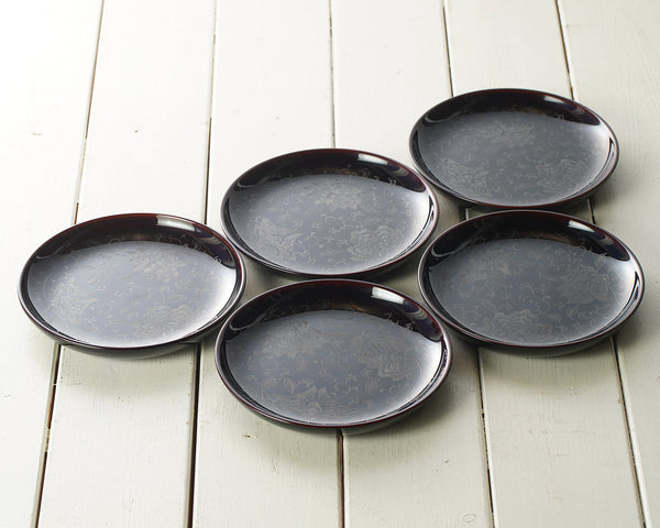 Traditional craft "Wajima-nuri" finish "5 Plates with Housouge pattern / Chinkin-technique Black" JAC-WOF-404-01