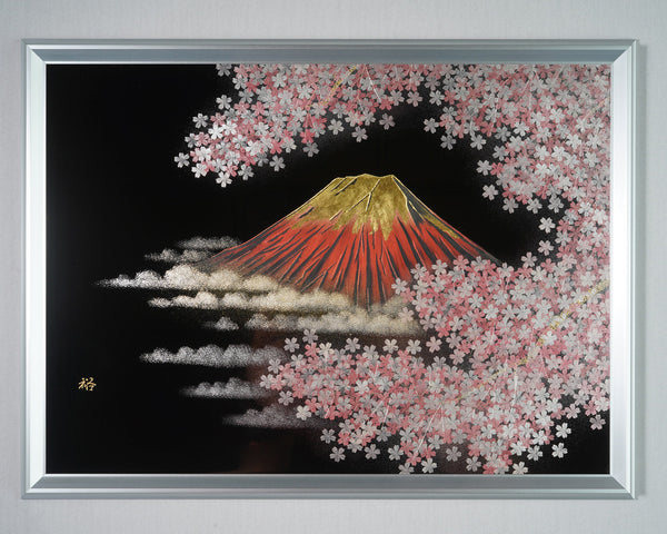 Traditional craft "Wajima-nuri" finish "Framed Fuji and Cherry Blossoms Chinkin-technique" JAC-WOF-404-08