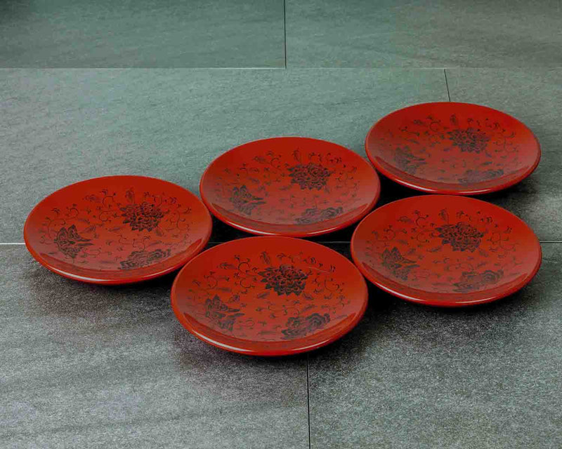 Wajima Lacquerware 5 Plates with Housouge pattern Red JAC-WOF-510-10