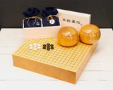 Manager's Recommended 3-Piece Go Set - ⑤ 【Board craftsman Mr.Miwa made Shin-Kaya (Spruce wood) table Go board, clamshell Go Stones BLUE Label and "Keyaki / Zelkova" Go bowls】