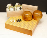 Manager's Recommended 3-Piece Go Set - ⑥ 【Board craftsman Mr.Miwa made Shin-Kaya (Spruce wood) table Go board, clamshell Go Stones and Honkuwa [Mountain mulberry] Go Bowls】