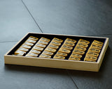 Shogi pieces craftsman "Fu-getsu 富月" made Mikurajima-hon-tsuge (Mikura Island grown boxwood), Tora-Moku (Tiger-striped wood grain), Kinki (Kinki script), Mori-age(embossed) Shogi pieces SHK-FG510-04