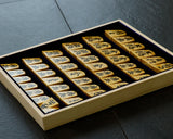 Shogi pieces craftsman "Fu-getsu 富月" made Mikurajima-hon-tsuge (Mikura Island grown boxwood), Tora-Moku (Tiger-striped wood grain), Kinki (Kinki script), Mori-age(embossed) Shogi pieces SHK-FG510-04