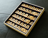 Shogi pieces craftsman "Sou-getsu 宗月" made Mikurajima-hon-tsuge (Mikura Island grown boxwood), Aka-masa (strong reddish color and straight wood grain), Kiyoyasu-sho (Kiyo-yasu script), Mori-age(embossed) Shogi pieces SHK-SG510-03