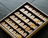 Shogi pieces craftsman "Sou-getsu 宗月" made Mikurajima-hon-tsuge (Mikura Island grown boxwood), Aka-masa (strong reddish color and straight wood grain), Kiyoyasu-sho (Kiyo-yasu script), Mori-age(embossed) Shogi pieces SHK-SG510-03
