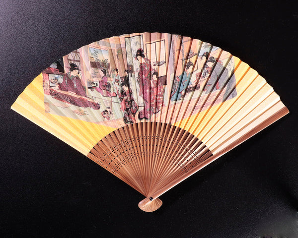 Nihon Ki-in "Figures of young ladies art competition" 令嬢諸芸の競いの図 Fan