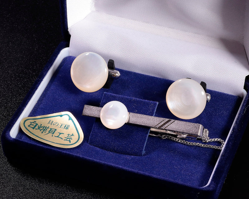 "White Pearl Oyster made Go stone Cuffs & Necktie Pin Gift Set" 309-SW-12