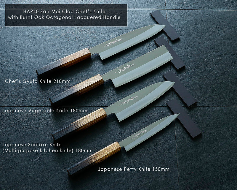 Yamawaki Cutlery Sakai Knife [Go-uma-no-suke Yoshihiro] HAP40 Wari-komi Santoku kitchen knife (Japanese all-purpose knife) 180 mm with Oak Octagonal Burnt Lacquer Handle