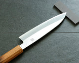 Yamawaki Cutlery Sakai Knife [Go-uma-no-suke Yoshihiro] HAP40 Wari-komi Santoku kitchen knife (Japanese all-purpose knife) 180 mm with Oak Octagonal Burnt Lacquer Handle