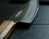 Yamawaki Cutlery Sakai Knife [Go-uma-no-suke Yoshihiro] HAP40 Wari-komi Santoku kitchen knife (Japanese all-purpose knife) 180 mm with Oak Octagonal Burnt Lacquer Handle