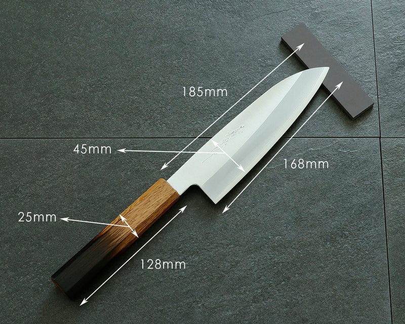 Yamawaki Cutlery Sakai Knife [Go-uma-no-suke Yoshihiro] HAP40 Wari-komi Santoku kitchen knife (Japanese all-purpose knife) 180 mm with Oak Octagonal Burnt Lacquer Handle