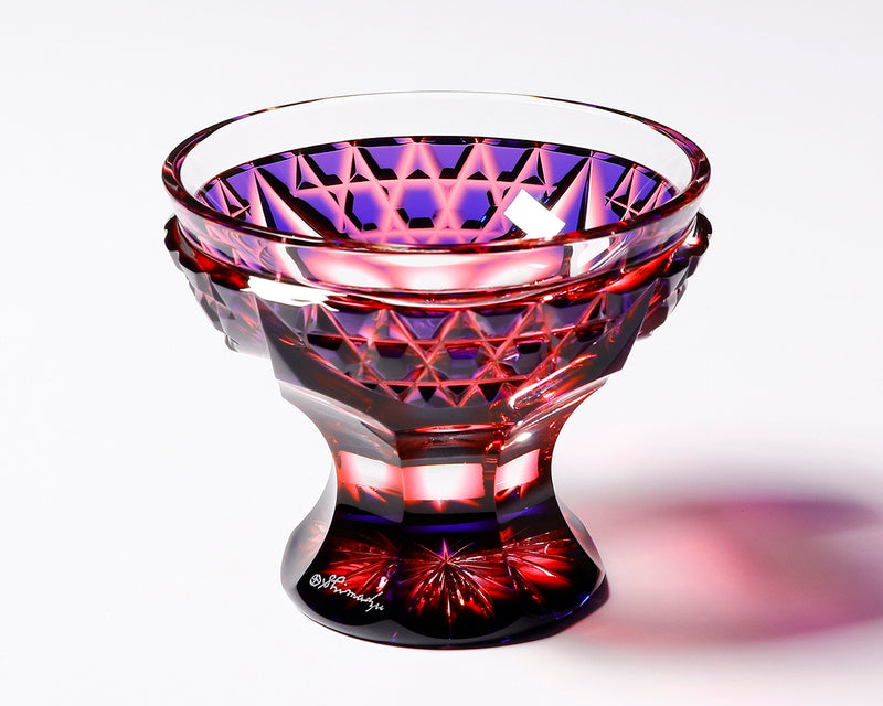 Shimadzu Satsuma Kiriko Cut Crystal Glass "Nishiki-e / Cup with a leg, Ruri and Gold Red" JAC-STK-409-03