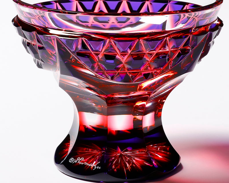 Shimadzu Satsuma Kiriko Cut Crystal Glass "Nishiki-e / Cup with a leg, Ruri and Gold Red" JAC-STK-409-03