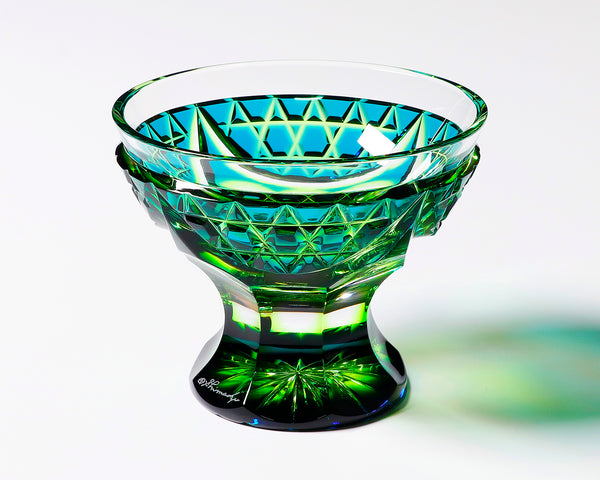 Shimadzu Satsuma Kiriko Cut Crystal Glass "Nishiki-e / Cup with a leg, Blue and Yellow-green" JAC-STK-409-01