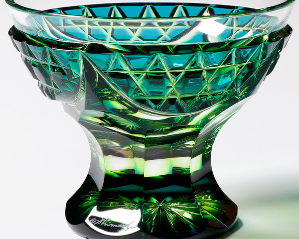 Shimadzu Satsuma Kiriko Cut Crystal Glass "Nishiki-e / Cup with a leg, Blue and Yellow-green" JAC-STK-409-01