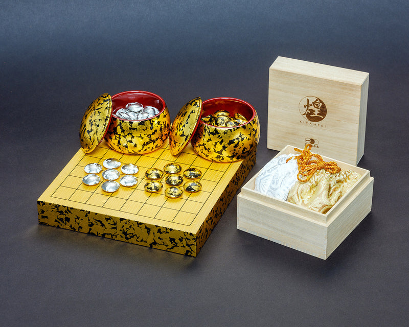 Gold leaf finish Go Stones, Go Board and Go Bowls, "煌 KIRAMEKI" 9X9 Go Board 3-Piece Go Set KRM402-01