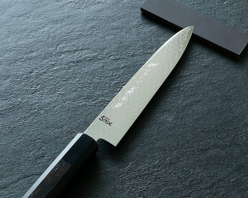 Yamawaki Cutlery Sakai Knife [Go-uma-no-suke Yoshihiro] SPG-STRIX Wari-komi Damascus Petty knife 150 mm with Ebony Handle