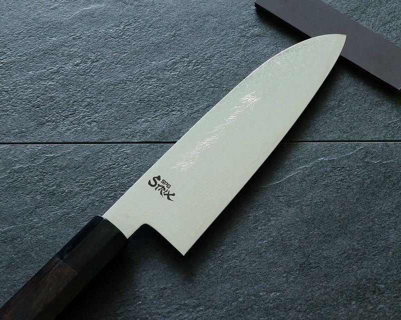 Yamawaki Cutlery Sakai Knife [Go-uma-no-suke Yoshihiro] SPG-STRIX Wari-komi Damascus Santoku kitchen knife (Japanese all-purpose knife) 180 mm with Ebony Handle