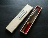 Yamawaki Cutlery Sakai Knife [Go-uma-no-suke Yoshihiro] SPG-STRIX Wari-komi Damascus Gyuto 210 mm with Senbon-Kurogaki [black persimmon] Handle and Wooden Saya