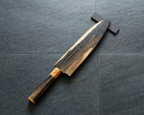 Yamawaki Cutlery Sakai Knife [Go-uma-no-suke Yoshihiro] SPG-STRIX Wari-komi Damascus Gyuto 210 mm with Senbon-Kurogaki [black persimmon] Handle and Wooden Saya