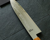 Yamawaki Cutlery Sakai Knife [Go-uma-no-suke Yoshihiro] SPG-STRIX Wari-komi Damascus Gyuto 210 mm with Senbon-Kurogaki [black persimmon] Handle and Wooden Saya