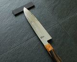Yamawaki Cutlery Sakai Knife [Go-uma-no-suke Yoshihiro] SPG-STRIX Wari-komi Damascus Gyuto 210 mm with Senbon-Kurogaki [black persimmon] Handle and Wooden Saya