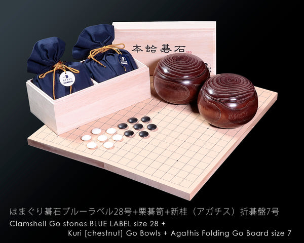 Go Beginner's Pack - Clamshell Go Stones Blue Label size28 + Chestnut Go Bowls + Go Board, 3-Piece Go Set GBP-BL28